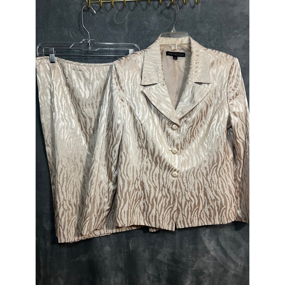 Nipon Boutique Gold Beige Jacquard Skirt Suit 12 Blazer Pencil Skirt
